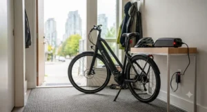 A sleek city electric bike for Vancouver riders demonstrating its removable lithium battery being charged indoors after a commute.