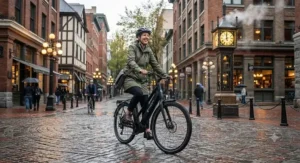 Navigating cobblestone streets in Gastown on a modern city electric bike for Vancouver riders next to the steam clock.