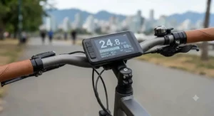 The handlebar-mounted LCD display of a top-rated electric commuter bike showing speed and battery range.