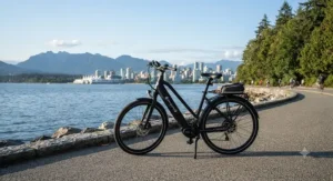 A scenic view of a city electric bike for Vancouver riders parked along the Stanley Park seawall with the harbour in the background.