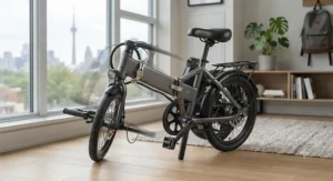 Illustration showing the frame folding smoothly using a reliable folding ebike mechanism for optimal space savings.
