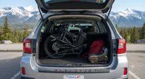 A portable folding electric bike under $1000 CAD neatly folded and stored inside a car trunk for Canadian road trips.