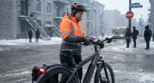 A rider checking a cold-weather ebike battery display during a chilly Montreal winter morning.