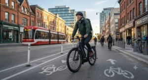 Commuting efficiently on an ebike along the Bloor Street bike lane network in Toronto.