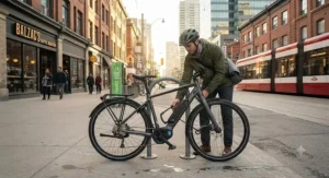 Locking up an ebike to a standard Toronto ring-and-post bike rack on a downtown sidewalk.