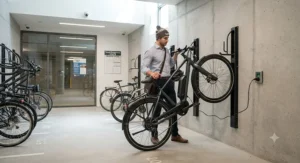Safely storing and charging an ebike inside a Toronto condo bicycle parking area.