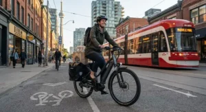 An ebike outfitted with waterproof panniers carrying groceries through downtown Toronto streets.