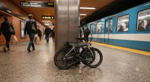 A commuter carrying a portable folding e-bike for city commuting toward an urban transit bus.