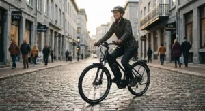 An electric bicycle smoothly handling historic cobblestone streets in Old Montreal.