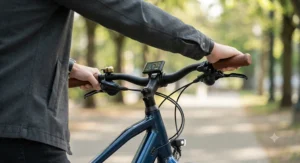 Close-up of ergonomic handlebars and upright riding posture on the most comfortable commuter e-bike.