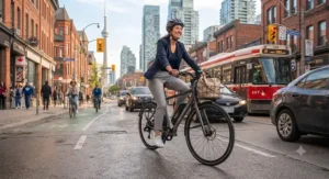 A rider navigating downtown traffic effortlessly on a nimble fast charging city ebike.