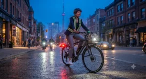 A commuter riding a fast charging city ebike at dusk with bright integrated safety lights.