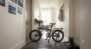A compact city electric bike for Vancouver riders safely stored in a narrow urban apartment hallway.