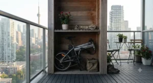 A space-saving 20 inch folding e-bike sitting in a high-rise apartment balcony storage nook.