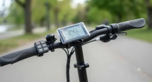 Detailed shot of the LCD handlebar display and throttle controls on a folding e-bike under $1000 CAD.