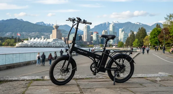 A sleek folding e-bike under $1000 CAD parked outdoors against a scenic urban backdrop in Canada.