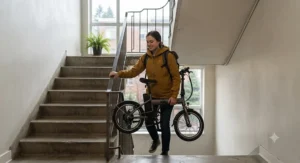 A commuter carrying a lightweight 20 inch folding electric bike up apartment stairwell steps in Vancouver.