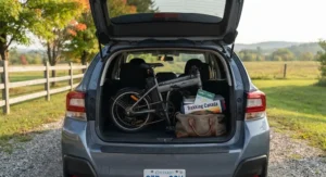 A 20 inch folding e-bike conveniently loaded into the trunk of a compact car for a weekend getaway in Ontario.