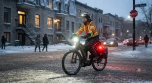 An urban ebike featuring bright LED safety lights for dark, snowy winter evening commutes.