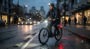 A cyclist using bright integrated LED lights on a city electric bike during a dark evening commute.