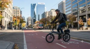 A lightweight folding e-bike for city commuting navigating downtown Calgary bike paths.