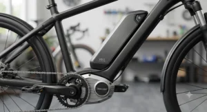 Detailed close-up shot of the high-capacity battery and motor on a premium electric bike.