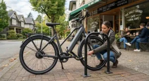 Securing the highest rated city electric bike with a heavy-duty lock outside a local neighbourhood cafe.