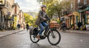 A rider running errands with a step-through city electric bike equipped with a front cargo basket in Montreal.