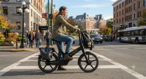 A rider on a step-through folding e-bike for city commuting stopping at a crosswalk in downtown Victoria.