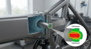 Cutaway illustration of a stress-tested locking pin inside a reliable folding ebike mechanism for maximum rider safety.