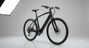 Studio product photography highlighting the sleek frame design of a modern premium electric bike.