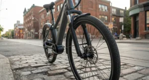 Front suspension fork absorbing bumps on a Toronto street for the most comfortable commuter e-bike ride.