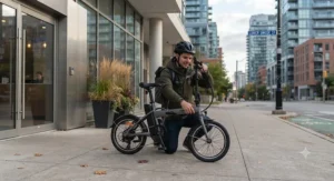 An urban commuter quickly unfolding their 20 inch folding e-bike outside an apartment building lobby.