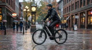 A durable city electric bike for Vancouver riders equipped with fenders and lights for safe commuting through wet weather.