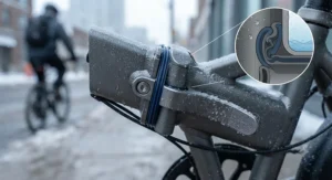 Illustration highlighting weather-resistant seals on a reliable folding ebike mechanism to protect against Canadian winter conditions.
