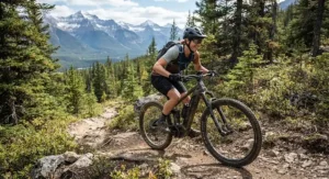 Cyclist enjoying a weekend ride on a rugged trail using a premium electric bike.
