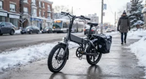 A winter-equipped folding e-bike for city commuting with studded tires parked on a cleared snowy sidewalk.