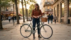 Demonstrating the low standover height comparisons on the best e-bike for women for easy mounting and dismounting.