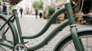 Close-up of a step-through frame on the best e-bike for women, designed with women-specific frame geometry for comfortable riding.