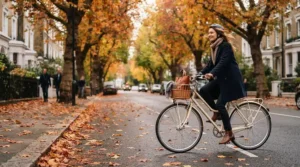 A stylish lady riding the best e-bike for women through a vibrant Vancouver neighbourhood decorated with autumn leaves.