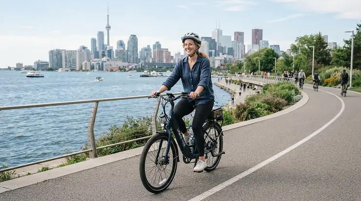 A smiling woman riding the best e-bike for women along a scenic waterfront path with the Toronto skyline in the background.