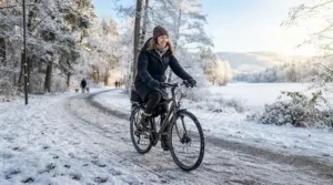 Equipped for cold weather, a commuter tests the best e-bike for women on a crisp winter morning in Canada.