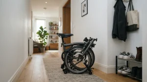 A compact folding e-bike for small storage spaces neatly tucked away in a tight Vancouver apartment entryway.
