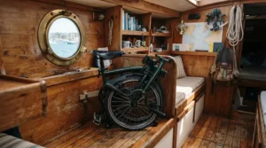 A compact folding e-bike for small storage spaces tucked into the corner of a sailboat cabin docked at a marina.