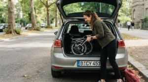 Loading a compact folding e-bike for small storage spaces into the hatchback trunk of a sedan during a Toronto weekend trip.