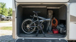 A compact folding e-bike for small storage spaces packed securely inside a motorhome storage bay for a cross-country Canadian road trip.