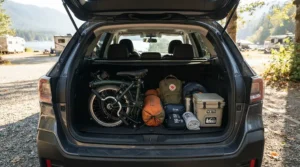 A compact folding e-bike for small storage spaces sitting flat in the cargo area of a compact SUV ready for camping.
