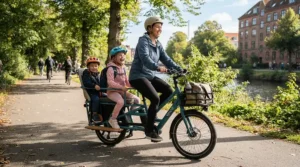 Children riding on a front-load vs longtail cargo e-bike during a school run in Calgary