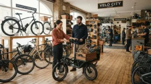 Browsing options during a front-load vs longtail cargo e-bike showroom consultation