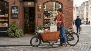 Loading groceries into a front-load vs longtail cargo e-bike outside a Montreal market